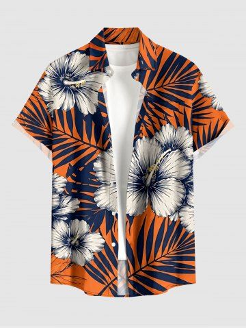 Chemise hawaïenne pour homme à imprimé fleurs d'hibiscus et feuilles tropicales, avec boutons et poche - ORANGE - 6XL