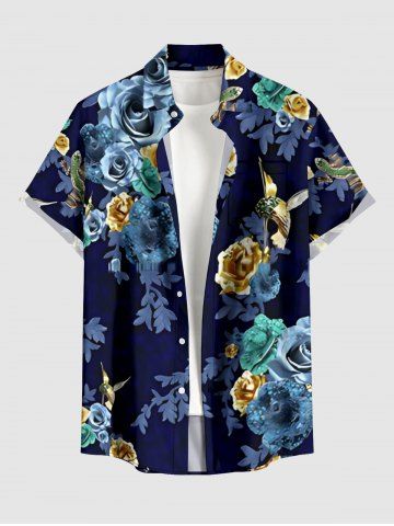 Chemise hawaïenne pour homme à imprimé floral colibri, avec boutons et poche - CADETBLUE - 2XL