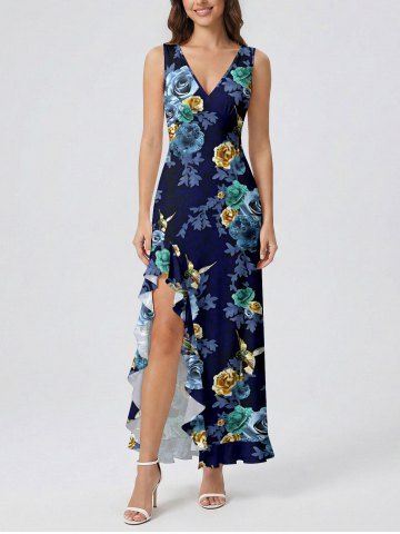 Robe hawaïenne fendue à volants avec imprimé floral colibri - CADETBLUE - XL