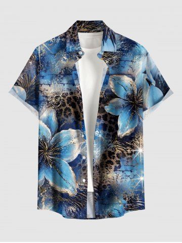 Chemise hawaïenne pour homme à boutons et poche, imprimé ombré léopard et fleurs - BLUE - 6XL