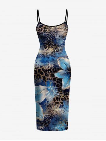Ombre Leopard Flower Print Hawaii Dress - BLUE - 6X
