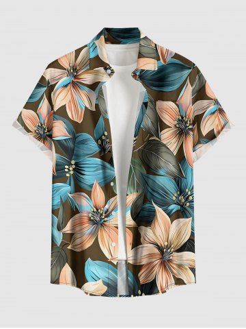 Flower Leaf Print Hawaii Button Pocket Shirt For Men - BROWN - XL