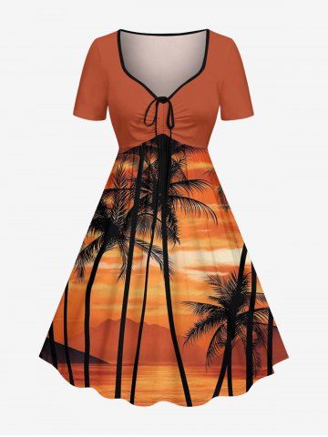 Coconut Tree Ombre Dusk Sunset Print Hawaii Cinched A Line Dress - BURNT ORANGE - XS
