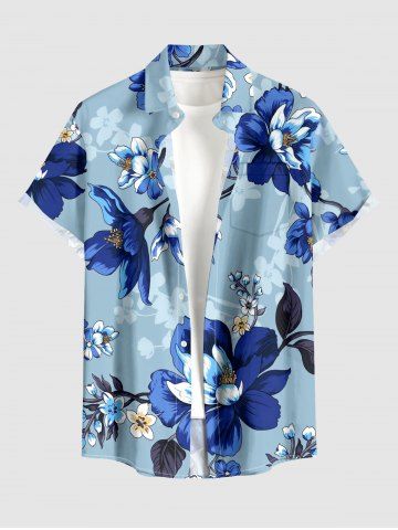 Chemise hawaïenne pour homme boutonnée avec poche à imprimé fleurs, feuilles et branches