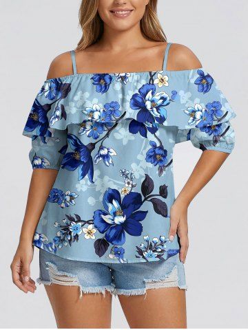 Blouse à épaules dénudées avec volants et imprimé hawaïen fleurs, feuilles et branches - LIGHT BLUE - XL