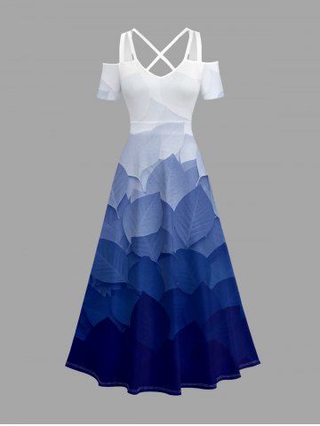 Leaf Ombre Print Cold Shoulder Crisscross Hawaii Maxi Dress - DEEP BLUE - XXS
