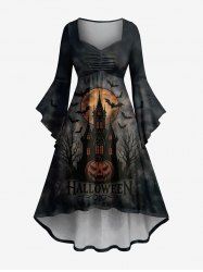 Halloween Pumpkin Bat Moon Castle Print Ruched Flare Sleeves High Low Dress -  