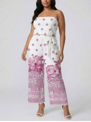 Ethnic Geometric Graphic Flower Print Hawaii Pocket Jumpsuit with Removable Belt and Shoulder Strap - Rose  4X
