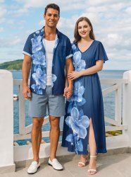 Ombre Flower Leaf Print Matching Hawaii Beach Outfit For Couples -  