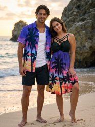 Coconut Tree Ombre Sky Print Matching Hawaii Beach Outfit For Couples -  