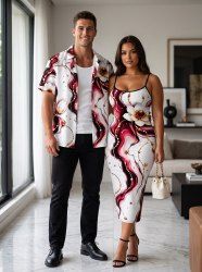 Fluid Flower Print Matching Hawaii Beach Outfit For Couples -  
