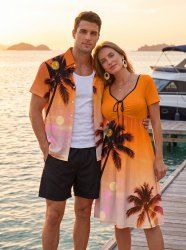 Tenue de plage hawaïenne assortie pour couples au motif ombré cocotier - Orange 