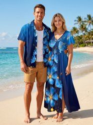Flowers Stripes Glitter 3D Print Matching Hawaii Beach Outfit For Couples -  