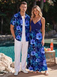 Flower Leaf Branch Print Matching Hawaii Beach Outfit For Couples -  