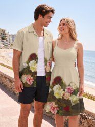 Flowers Colorblock Print Matching Hawaii Beach Outfit For Couples -  