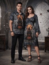 Tenue assortie pour couples avec imprimé d'Halloween : citrouille, chauve-souris, lune et château - Noir 