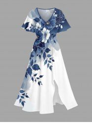 Robe midi coupe A à imprimé dégradé hawaïen fleurs, feuilles et branches, avec poches fendues - Bleu profond 4X