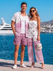 Ethnic Geometric Graphic Flower Print Matching Hawaii Beach Outfit For Couples -  