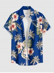 Chemise hawaïenne homme à imprimé fleur d'hibiscus et feuilles tropicales, à boutons et poche - Bleu 4XL