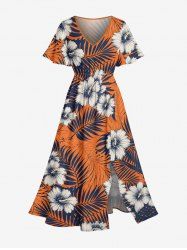 Robe midi hawaïenne à fente, imprimé fleur d'hibiscus et feuilles tropicales - Orange 4X