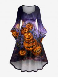 Robe asymétrique à ourlet plongeant et fronces, avec imprimé Halloween citrouille-lanterne, chat, galaxie spirale et lune. - Concorde 6X