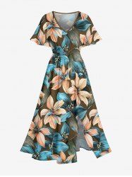 Robe midi coupe trapèze Hawaï à poches fendues, imprimé fleurs et feuilles - Brun 3X