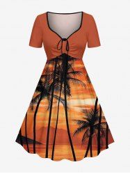 Robe trapèze ceinturée imprimé hawaïen dégradé coucher de soleil cocotier - Orange Foncé S