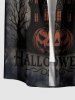Chemise homme à imprimé Halloween : citrouille, chauve-souris, lune et château, avec boutons et poche - Noir XL