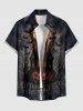 Chemise homme à imprimé Halloween : citrouille, chauve-souris, lune et château, avec boutons et poche - Noir XL