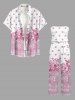 Ethnic Geometric Graphic Flower Print Hawaii Pocket Jumpsuit with Removable Belt and Shoulder Strap - Rose  4X