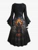 Halloween Pumpkin Bat Moon Castle Print Ruched Flare Sleeves High Low Dress -  