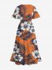 Robe midi hawaïenne à fente, imprimé fleur d'hibiscus et feuilles tropicales - Orange 4X