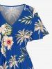 Robe midi hawaïenne fendue à imprimé fleurs d'hibiscus et feuilles tropicales - Bleu 2X