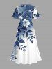 Robe midi coupe A à imprimé dégradé hawaïen fleurs, feuilles et branches, avec poches fendues - Bleu profond 4X