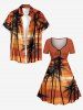 Robe trapèze ceinturée imprimé hawaïen dégradé coucher de soleil cocotier - Orange Foncé S