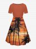 Robe trapèze ceinturée imprimé Hawaï dégradé crépuscule coucher de soleil Coconut Tree - Orange Foncé 3X