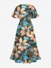 Robe midi coupe trapèze Hawaï à poches fendues, imprimé fleurs et feuilles - Brun 3X
