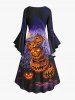 Robe asymétrique à ourlet plongeant et fronces, avec imprimé Halloween citrouille-lanterne, chat, galaxie spirale et lune. - Concorde 6X