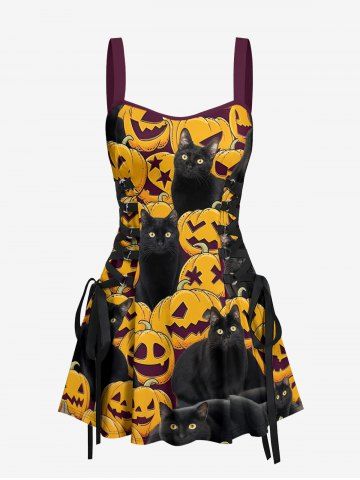 Robe débardeur à lacets imprimée citrouilles et chats Halloween - DEEP YELLOW - L