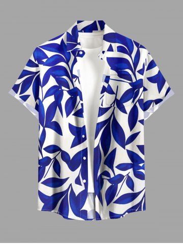 Leaf Branch Print Hawaii Button Pocket Shirt For Men - BLUE - 5XL