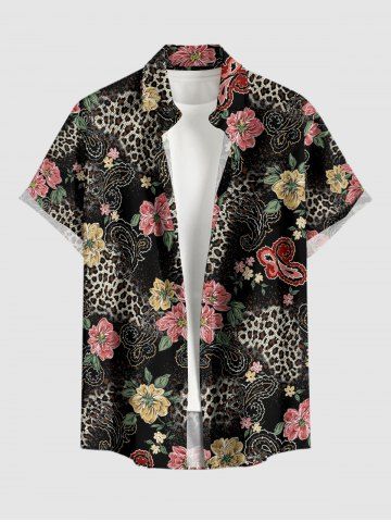 Flowers Leaf Butterfly Leopard Print Buttons Pocket Hawaii Shirt For Men - BLACK - M