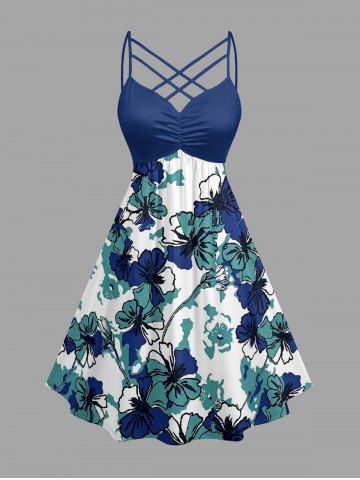 Robe trapèze froncée à fines bretelles croisées, imprimé fleurs et feuilles d'Hawaï - DEEP BLUE - 1X