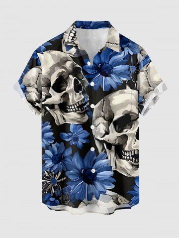 Skulls Flowers Print Buttons Pocket Hawaii Shirt For Men - BLUE - 5XL