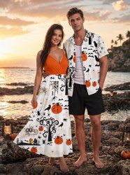 Ensemble assorti pour couple avec imprimé citrouille d'Halloween, toile d'araignée, arbre, corbeau et chauve-souris - Blanc 