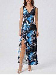 Flowers Leaf Print Hawaii Ruffles Split Surplice Dress -  