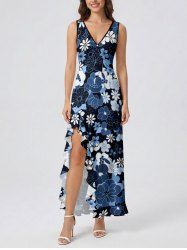 Flowers Print Hawaii Ruffles Split Surplice Dress -  