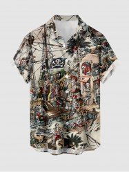 Chemise hawaïenne pour homme à imprimé crâne, squelette, pirate, coffre, bateau de croisière, boutons et poche - Bronze 4XL
