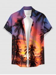 Chemise hawaïenne pour homme à boutons et poche, imprimé cocotier coucher de soleil dégradé au crépuscule - Orange Foncé XL