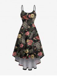 Robe à bretelles à ourlet asymétrique, imprimé fleurs, feuilles, papillons et léopard Hawaï - Noir 3X