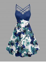 Robe trapèze hawaïenne à fines bretelles, froncée et croisée, imprimé fleurs et feuilles - Bleu profond S